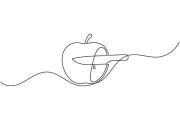 Fototapeta premium Apple with knife continuous one line drawing minimalist fruit cutting outline vector illustration