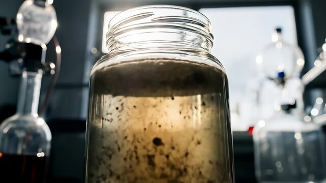 Clear jar with cloudy water and sediment on lab bench with glass apparatus behind