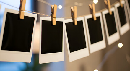 Empty instant Polaroid film frames with white borders hanging from a vintage rope clothesline with wooden clothespins against a blank background