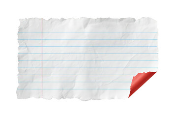 Fototapeta premium Torn notebook paper with blue lines and red margin, wrinkled paper texture with a curled corner and transparent background