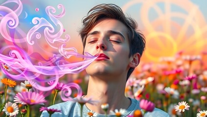Fototapeta premium Surreal young man exhaling magical colorful swirls in a flower field fantasy dreamlike
