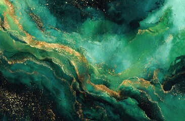 Fototapeta premium Flowing emerald and teal abstract with gold glitter accents