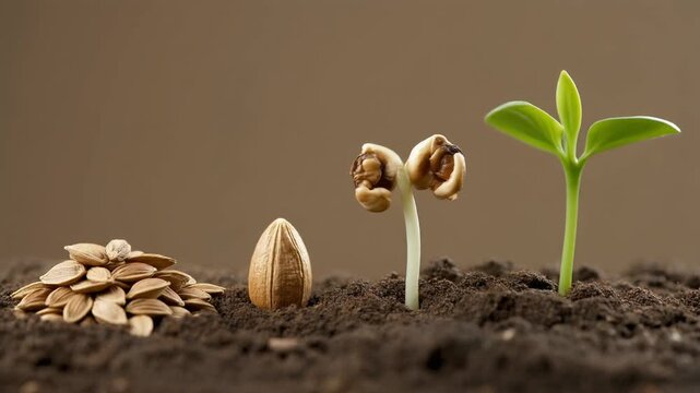 Seed to Sprout Timeline. Plant Growth Stages (Time & Process Concept). Education & Process. A clear sequence from dry seed, germinating seed, to small sprout arranged left to right
