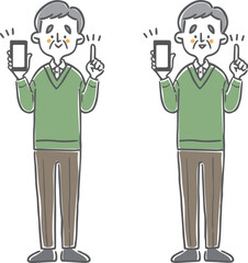 スマホを持って説明するシニア男性のイラストセット　全身　ベクター