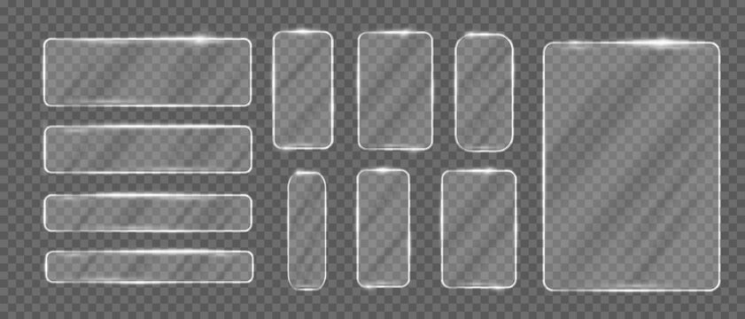 3d liquid glass effect rectangular frames set, Silver glow rectangles buttons boxes for ui ux web design,Glassmorphism components for web or app