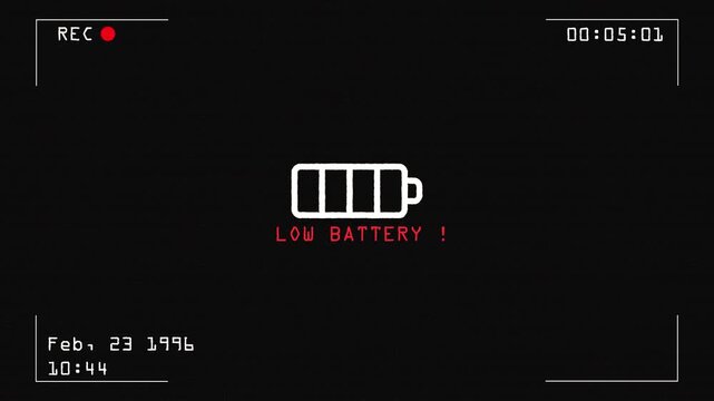 Vintage Camcorder Low Battery Warning Screen Overlay with Camera Frame, Battery Icon and Blinking Red Alert Text, Running Time Counter, Subtle Glitch and Static Noise for Retro Video Editing