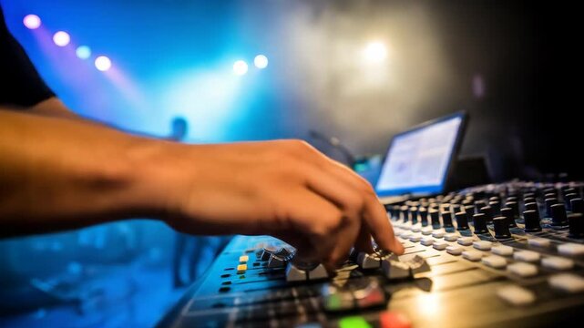 Close up of a sound engineer adjusting audio mixer controls during a live concert performance with colorful stage lighting.