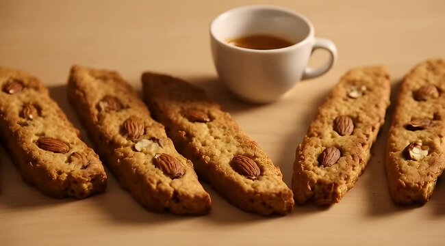 Arrangement of Almond Biscotti Cookies with a Coffee Cup on Wooden Surface