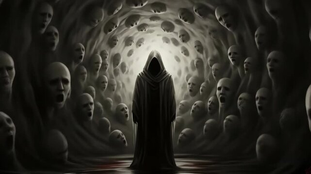 Mysterious hooded figure surrounded by screaming faces in a dark tunnel.