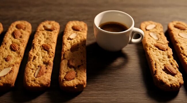 Delicious biscotti cookies with almonds paired with a rich cup of espresso