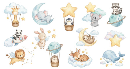Watercolor baby animals in space. Dreamy baby space animals with moon, stars, balloons and planet nursery set. Collection of Vector illustrations. Perfect for invitation, card, poster, banner, decor © maria