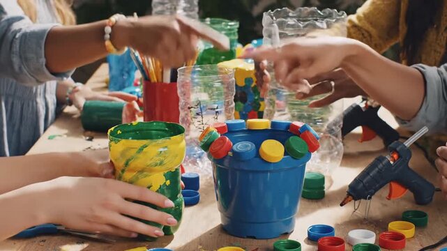 Group of people upcycling plastic bottles into crafts