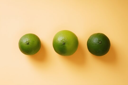 Three green ugli placed in a row on a yellow background showing fresh fruit in simple arrangement