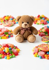 A cute brown teddy bear sitting among piles of colorful hard candies and sugary treats on a bright surface, representing childhood fun, playful, food, abundance