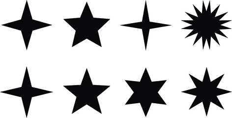 Fototapeta premium Star shape icon collection including sparkle, burst and geometric star symbols black silhouette vector set for decoration, rating, celebration and design