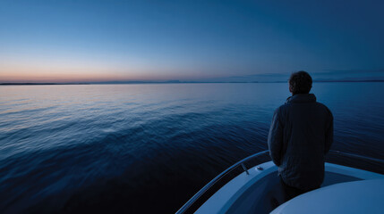 Fototapeta premium A figure stands quietly at dusk on a boat, gazing into the expansive sea as the sun sets, symbolizing contemplation, calmness, and a deep connection with nature.