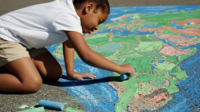 Child drawing world map with chalk on asphalt