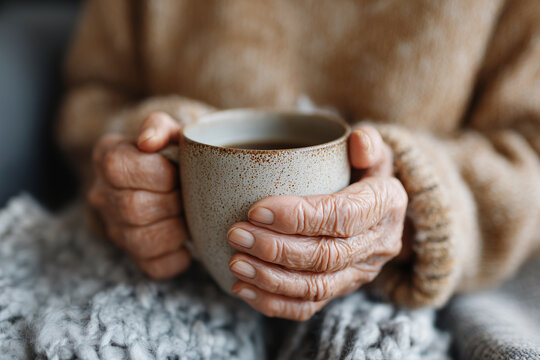 Warm hands cradle a ceramic mug. Soft knuckles hint at gentle age. Cozy sweater wraps around a quiet moment. Cuddling blanket adds comfort to the scene. Stillness speaks of peace and quiet reflection