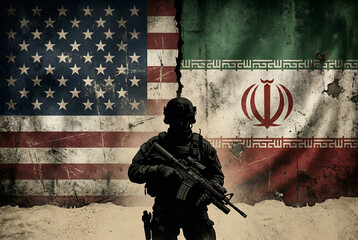 Obraz premium Silhouette of a military soldier standing against a grunge background with divided USA and Iran flags