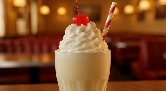 delicious vanilla milkshake with whipped cream and a cherry on top