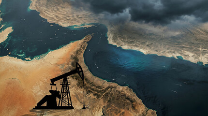 Fototapeta na wymiar Silhouette of an oil pumpjack over a satellite map view of the middle east and Strait of Hormuz under stormy clouds