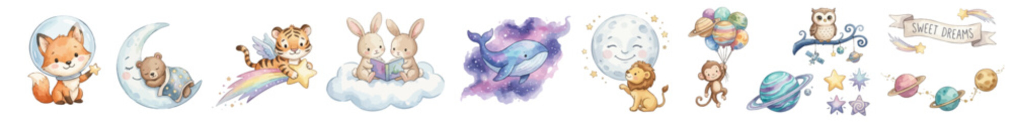 Watercolor nursery space animals clipart set with fox, tiger, whale, moon, planets, stars. Collection of Vector illustrations. Perfect for invitation, card, poster, banner, decoration © maria