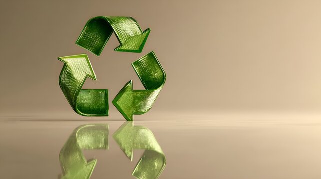 Stylized green recycling symbol reflecting on a subtle background, promoting sustainability and eco-friendliness.