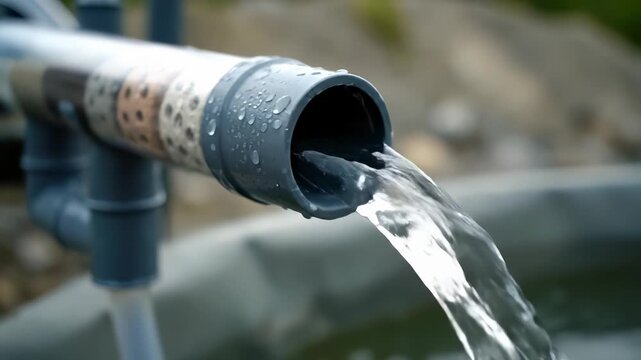 Water Flowing from Pipe: A close-up captures the dynamic motion of crystal-clear water gushing forth from a gray pipe, symbolizing freshness, vitality, and the element of life.