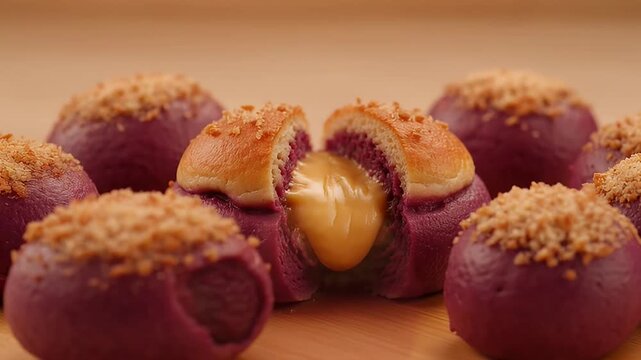 Delicious and visually appealing purple sweet potato buns with a gooey custard center