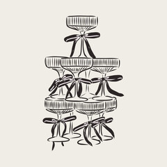 hand drawn champagne glass tower with ribbon bows arranged in festive pyramid composition. elegant monochrome line art illustration © lana_art