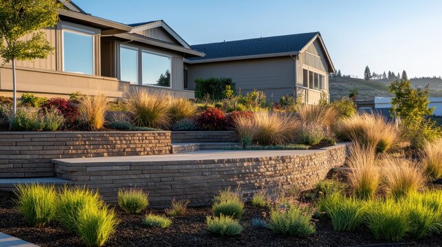 Terraced planting beds with ornamental grasses by house front yard