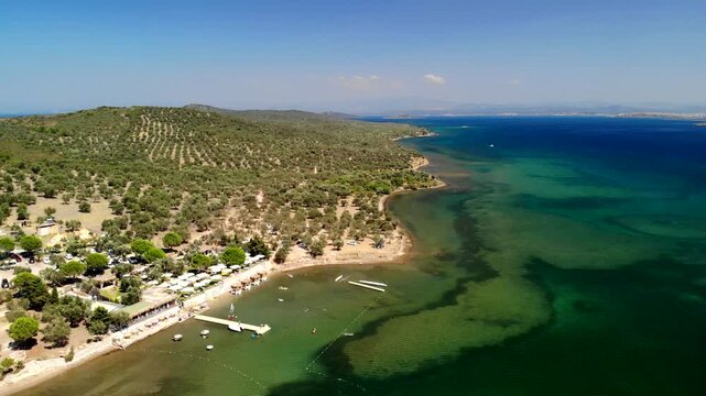 Aerial view of the stunning contrast between the deep blue sea and the lush green olive groves lining the coast, Cunda Island, Ayvalik, Balikesir, Turkey.
