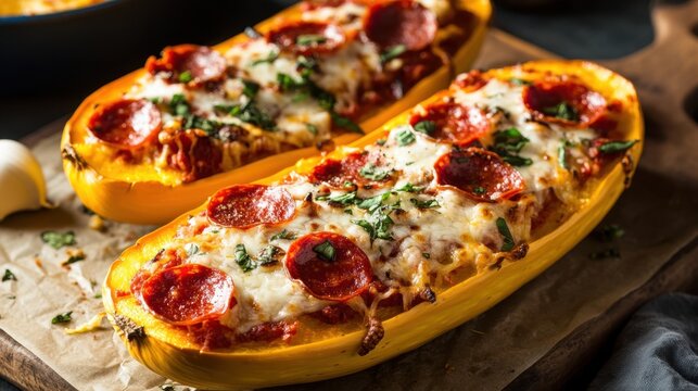 Two spaghetti squash boats baked with cheese and pepperoni