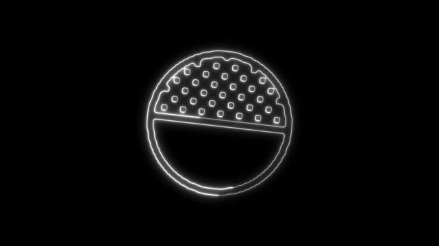 White Neon Outline Icon of a Circular Object Divided in Half with Perforations on One Side symbol glowing