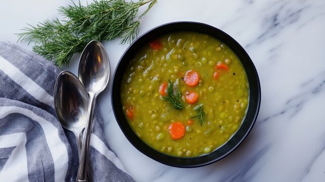 Thick split pea soup with carrots and dill on marble countertop