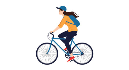 Fototapeta premium Active woman with a blue backpack riding a bicycle on a clear day for exercise or commuting.