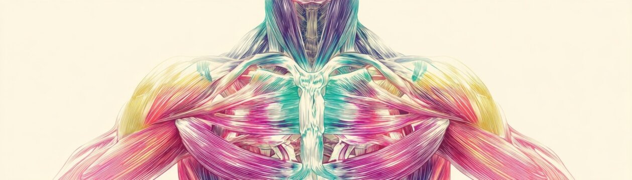 Artistic rendering of human shoulder and upper chest musculature system with vibrant stylized colors