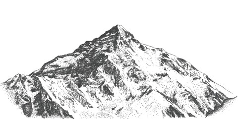 Hand drawn vintage mountain peak in black and white stipple dot work engraving style vector illustration © GraphixEra