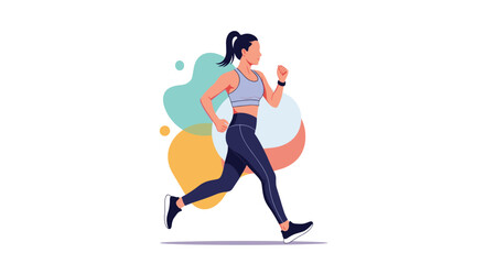 Obraz premium Young woman jogging and running for fitness and healthy lifestyle against a background of colorful abstract organic shapes and dots.
