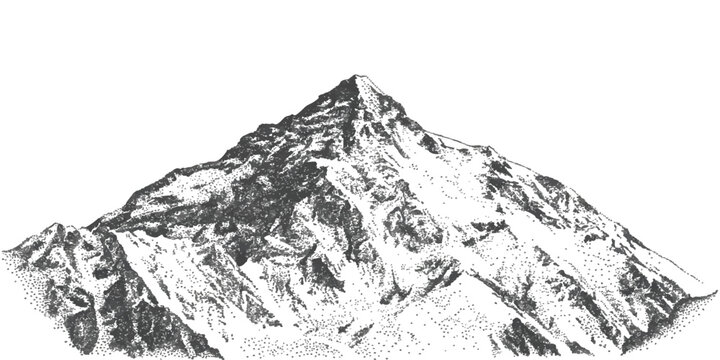 Hand drawn vintage mountain peak in black and white stipple dot work engraving style vector illustration