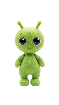 A cute green alien toy with big eyes. The alien has a smiling face and small antennas on its head