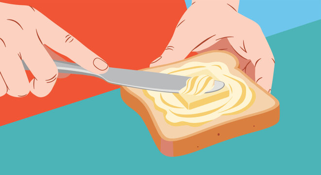 Close up of hands spreading creamy butter on a slice of fresh toasted bread for a delicious and simple breakfast or snack.