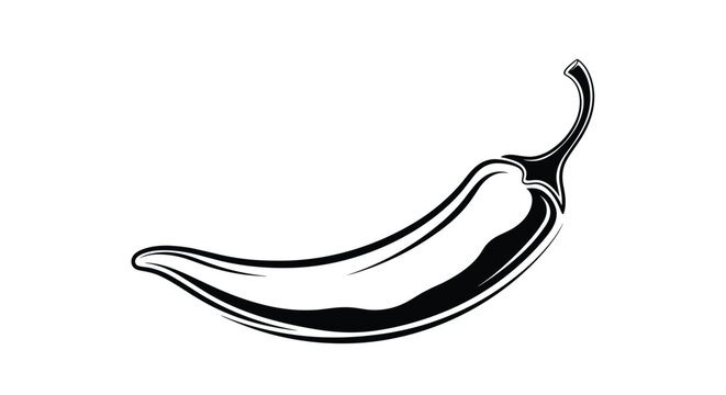 Minimalist black and white hand drawn illustration of single hot chili pepper showcases sleek curves and organic spice theme on white.