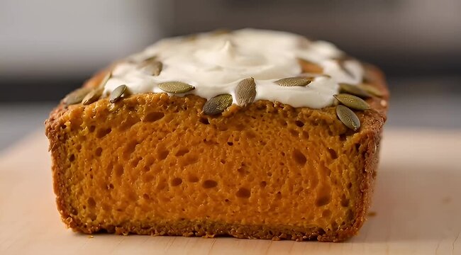 Closeup of a Delicious Pumpkin Bread Loaf with Cream Cheese Frosting