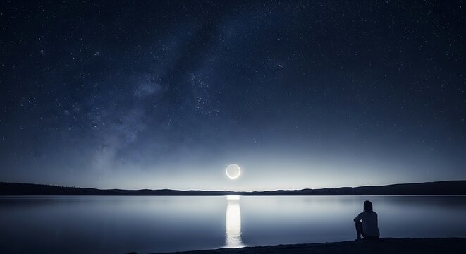 A person sits peacefully by a serene lake at night, gazing at the radiant full moon and twinkling stars, enjoying the tranquil beauty.