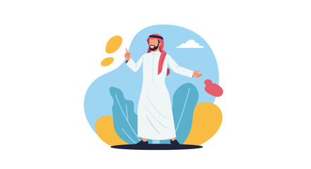 Obraz premium Smiling Arab man wearing traditional white thobe and red ghutra gesturing with his hands in front of abstract leaf background.