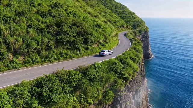Spectacular coastal road with a car driving alongside cliffs overlooking the ocean