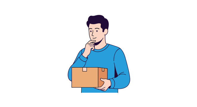Young man in a blue shirt holding a brown cardboard parcel box and looking at it with a thoughtful expression.