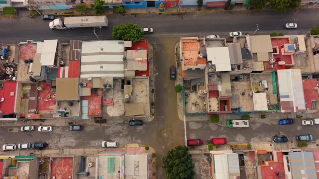 Elevated aerial shot of streets and rooftops in Ecatepec