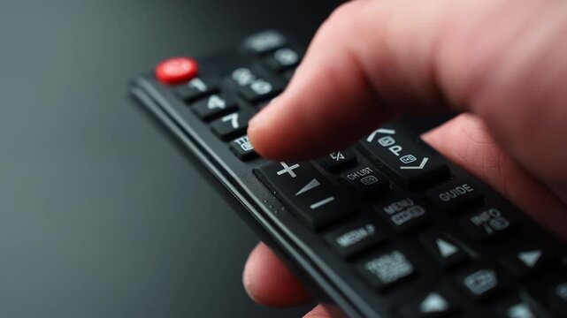 Close-up of a hand pressing the volume up button on a TV remote control, increasing sound level with shallow depth of field for home entertainment and audio adjustment b-roll.